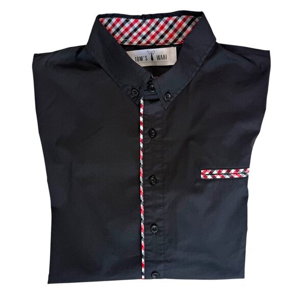 Tom's Ware Black Dress Shirt Mens Large Red White Check Contrast Trim Roll Cuff - Picture 1 of 13